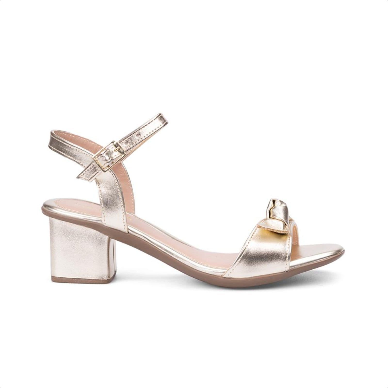 Vista 2 Sandália Feminina Dourada Salto Bloco Tira Com Laço Bico Redondo Domidona dourado