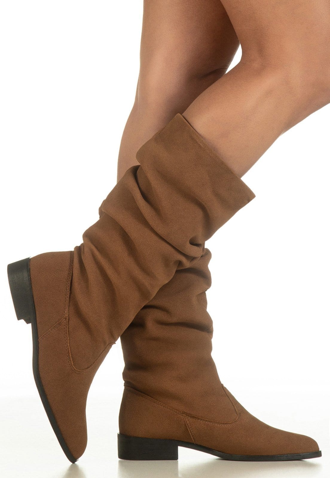 Bota Feminina GiGiL Bico Arredondado Cano Médio Franzido Plissado Enrugado Salto Baixo Camurça