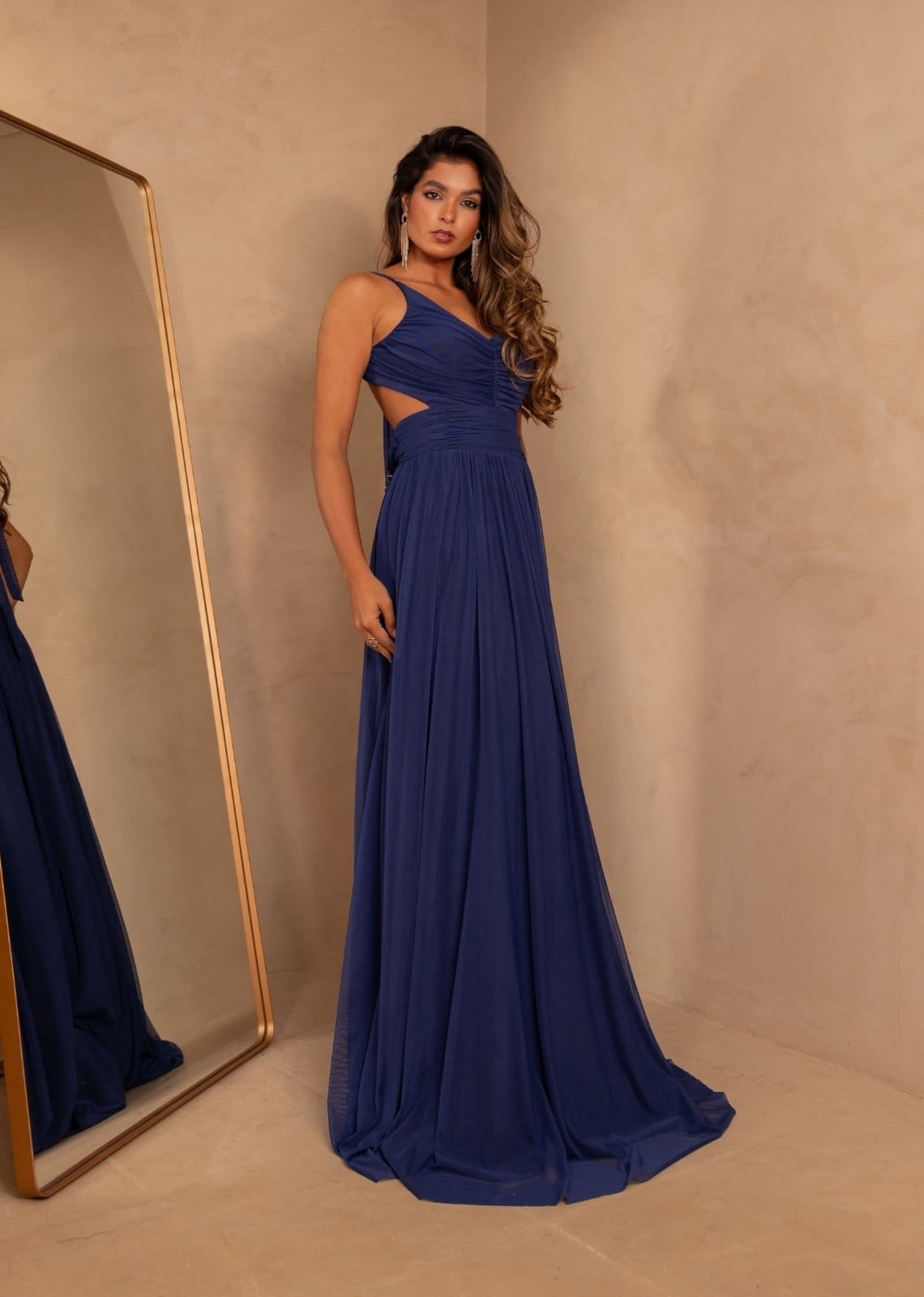 Vestido Longo Abertura Lateral Micro Tule Kay Cia Do Vestido Azul Marinho - 2