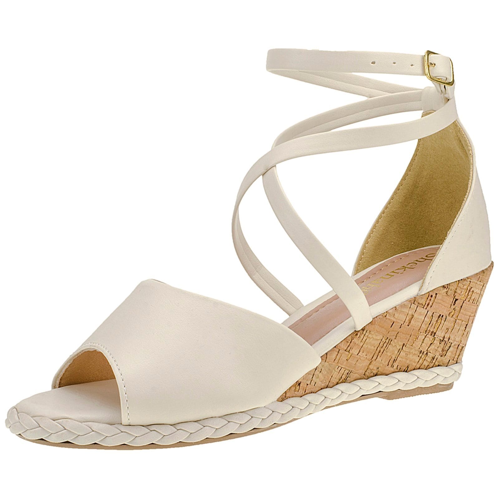 Sandália Anabela Feminina Sapato Salto Alto Espadrille Shekinah Tiras Amarração Tricê Cortiça Off White