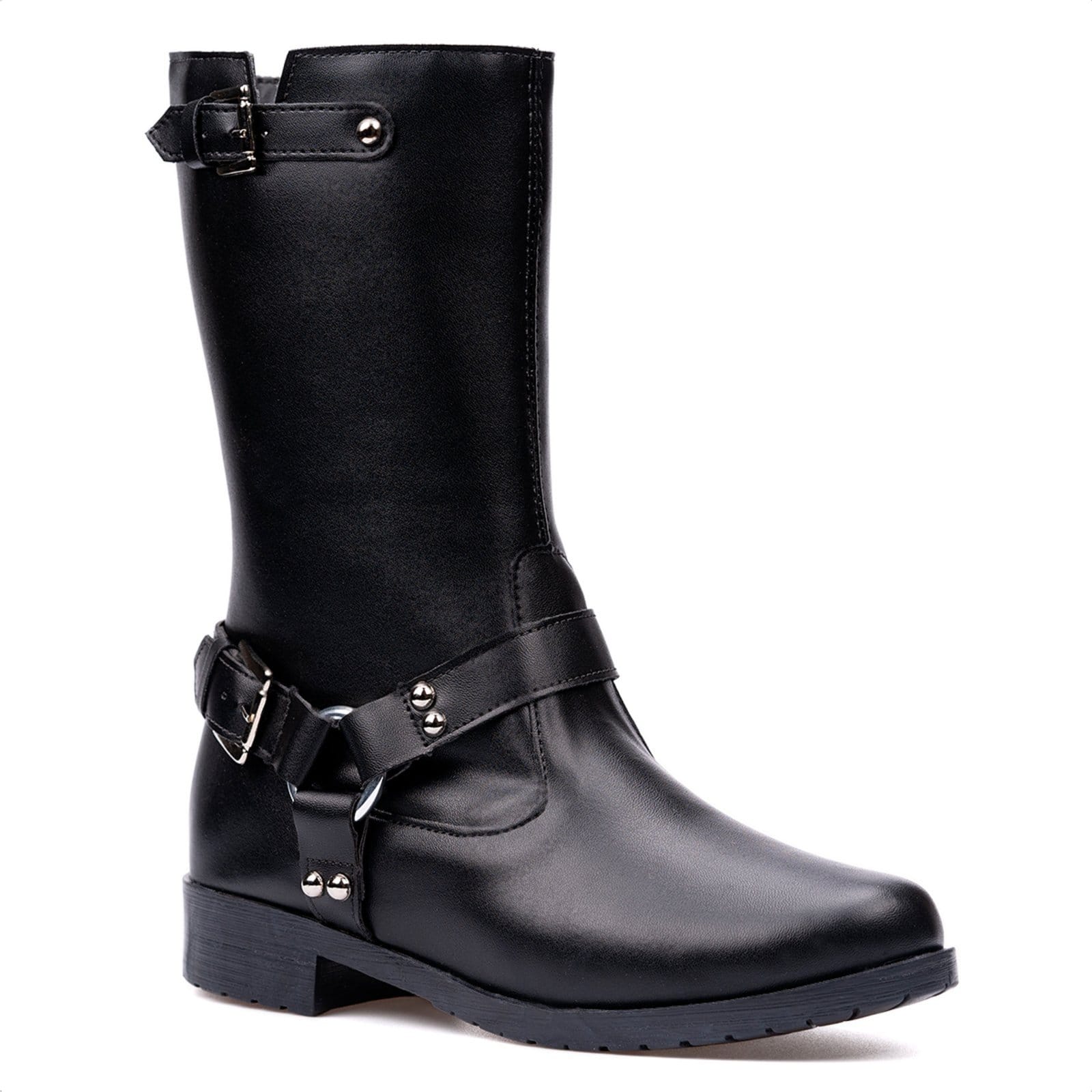 Vista 2 Bota Feminina Biker Tiras Fivelas Cano Médio Tendência Moda Domidona preto