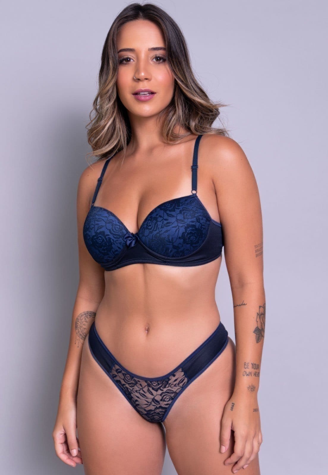 Conjunto Lingerie Vekyo com Renda Calcinha E Sutiã Marinho