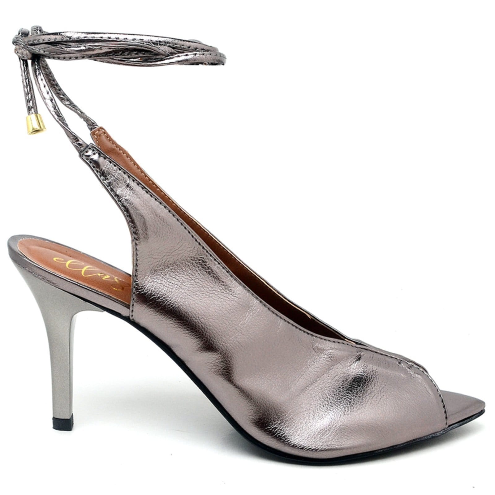 Vista 2 Sandália Salto Médio Bico Folha Metalic Prata Velho Ella's ZAFREM cinza