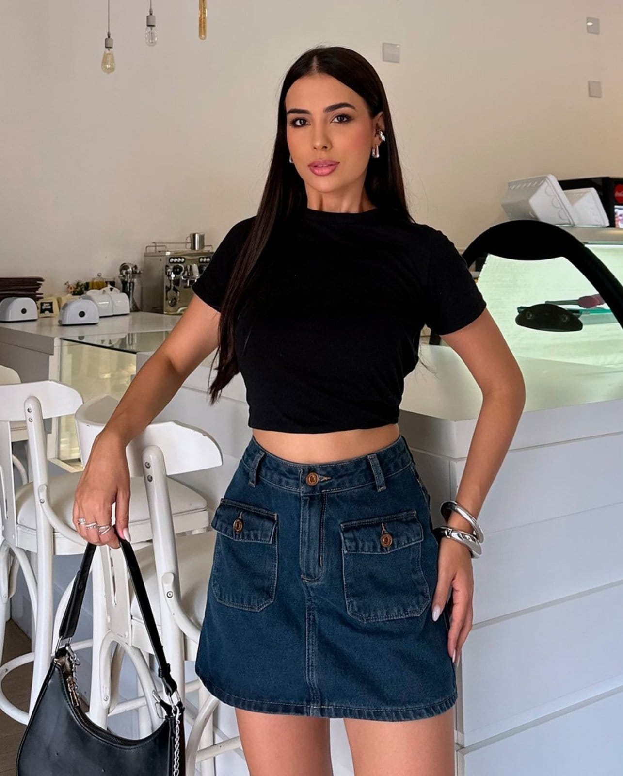 Mini Saia Jeans Feminina com Lapela No Bolso 25231 Black Blue