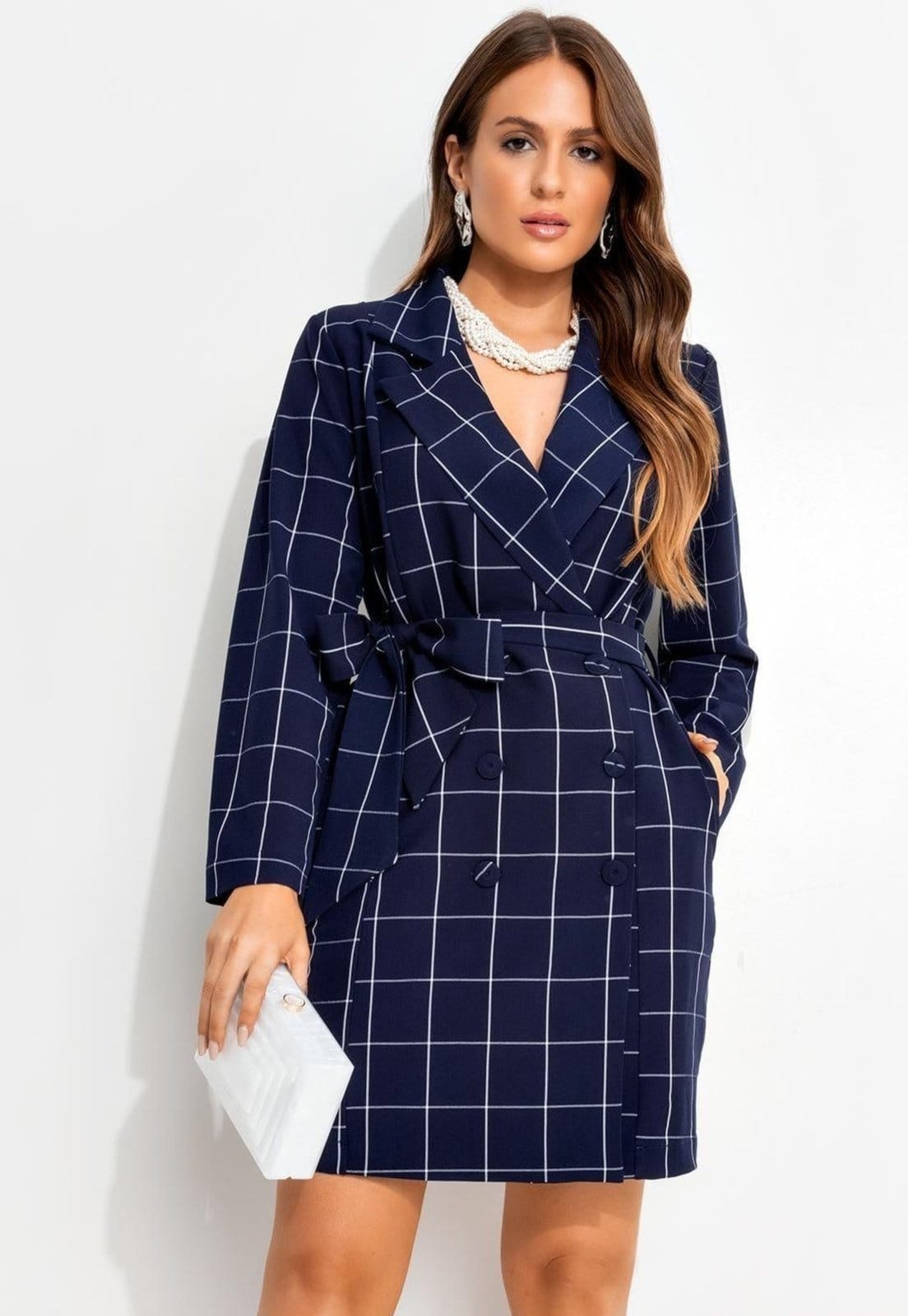 Vestido Em Tecido De Alfaiataria Xadrez Grid