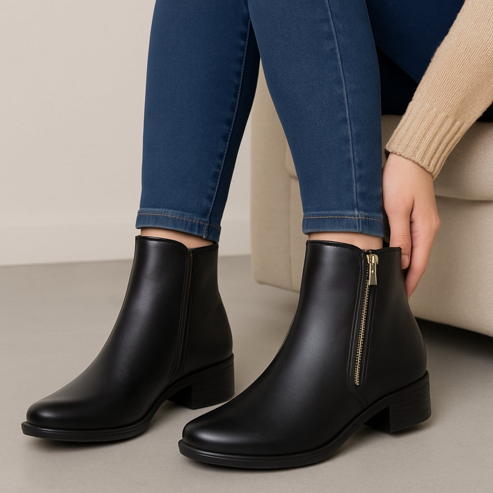 Bota Feminina Cano Curto Yes Basic Salto Baixo Ziper Lateral em Couro Preta