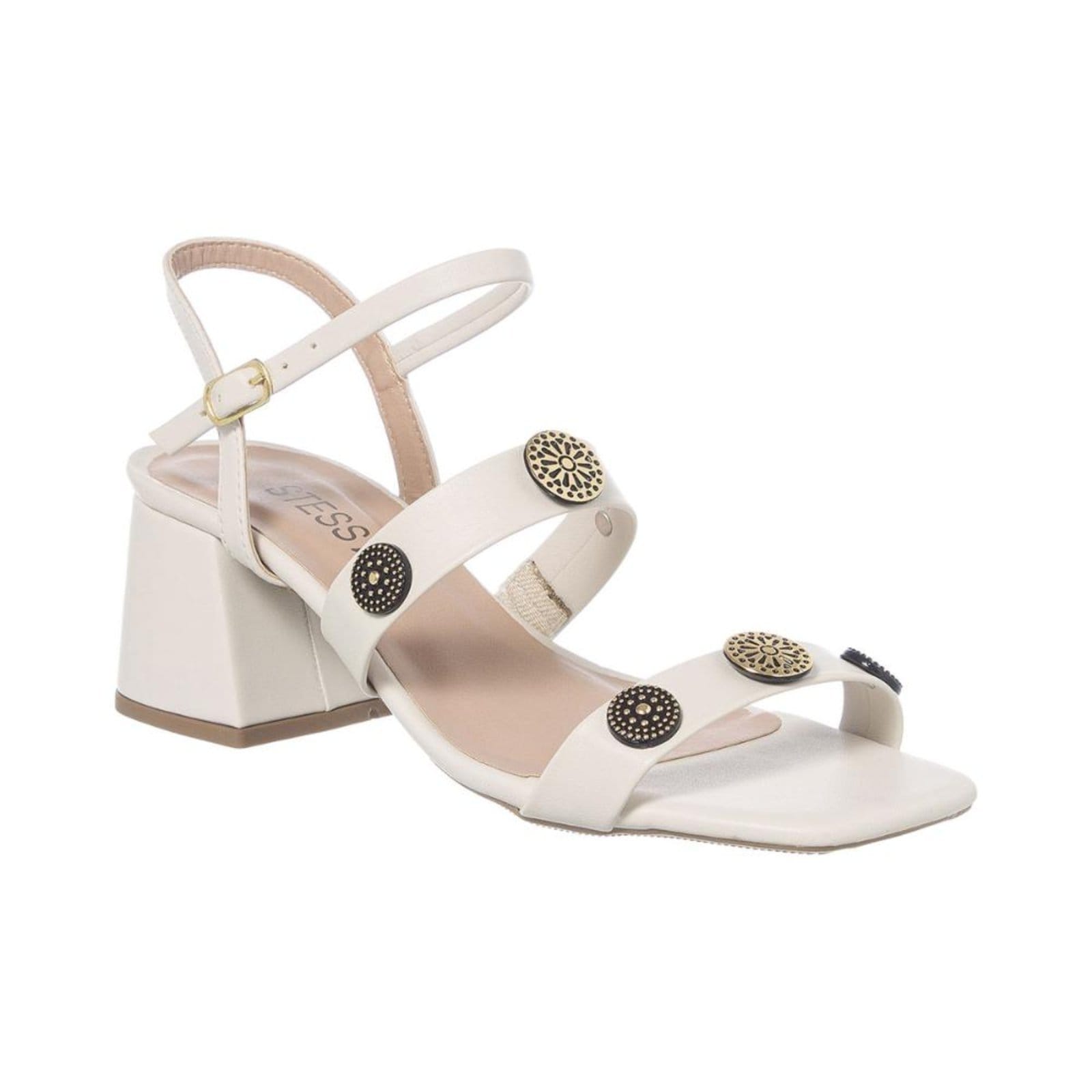 Vista principal Sandália Feminina Salto Baixo Grosso Bloco Tiras Enfeite ABS Off White Stessy Shoes off-white white