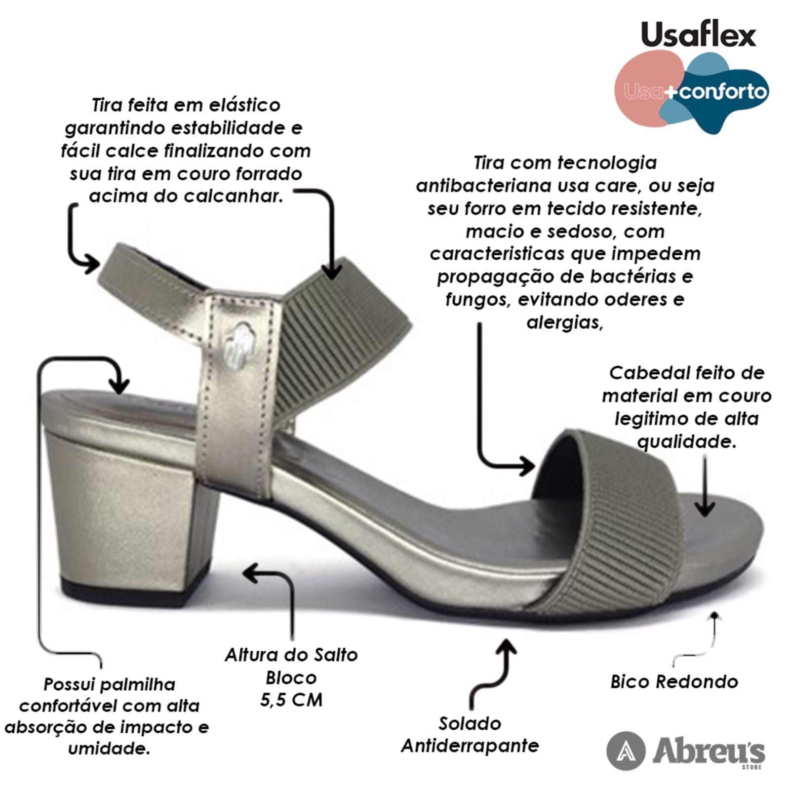 Vista 2 Sandália Salto Bloco Usaflex Elástico Y8204 Conforto Aço Usaflex multicolorido