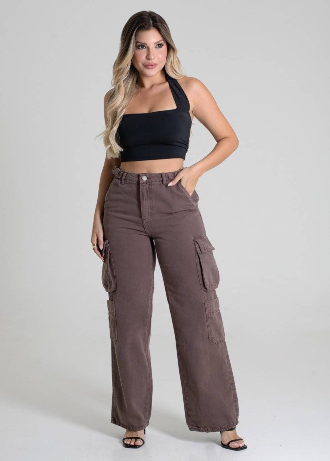 Vista 2 Calça Sarja Sawary Wide Leg - 279950 Sawary marrom