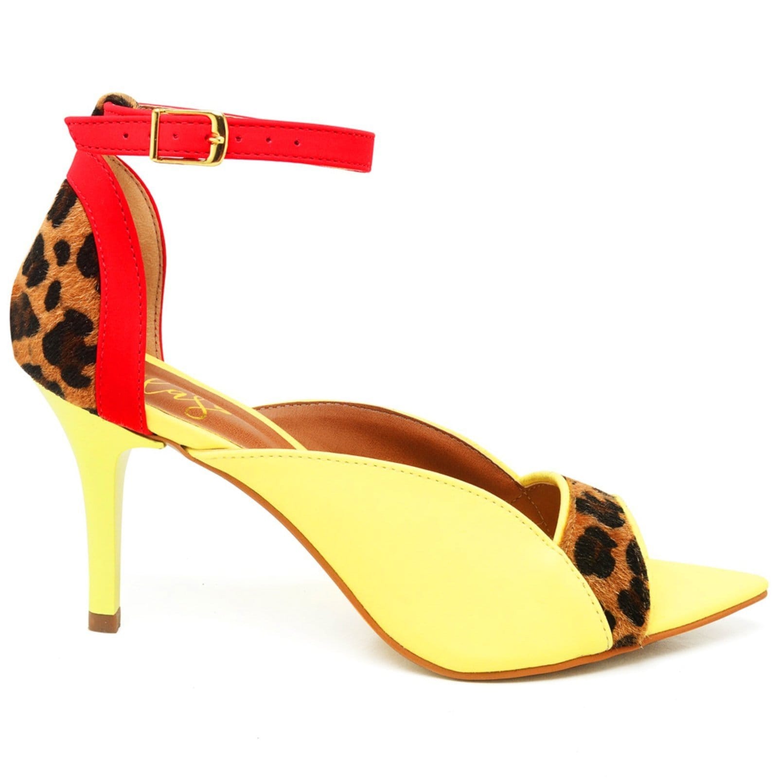 Vista 2 Sandália Bico Folha Salto Médio em Couro Siciliano Ella's ZAFREM amarelo/onça