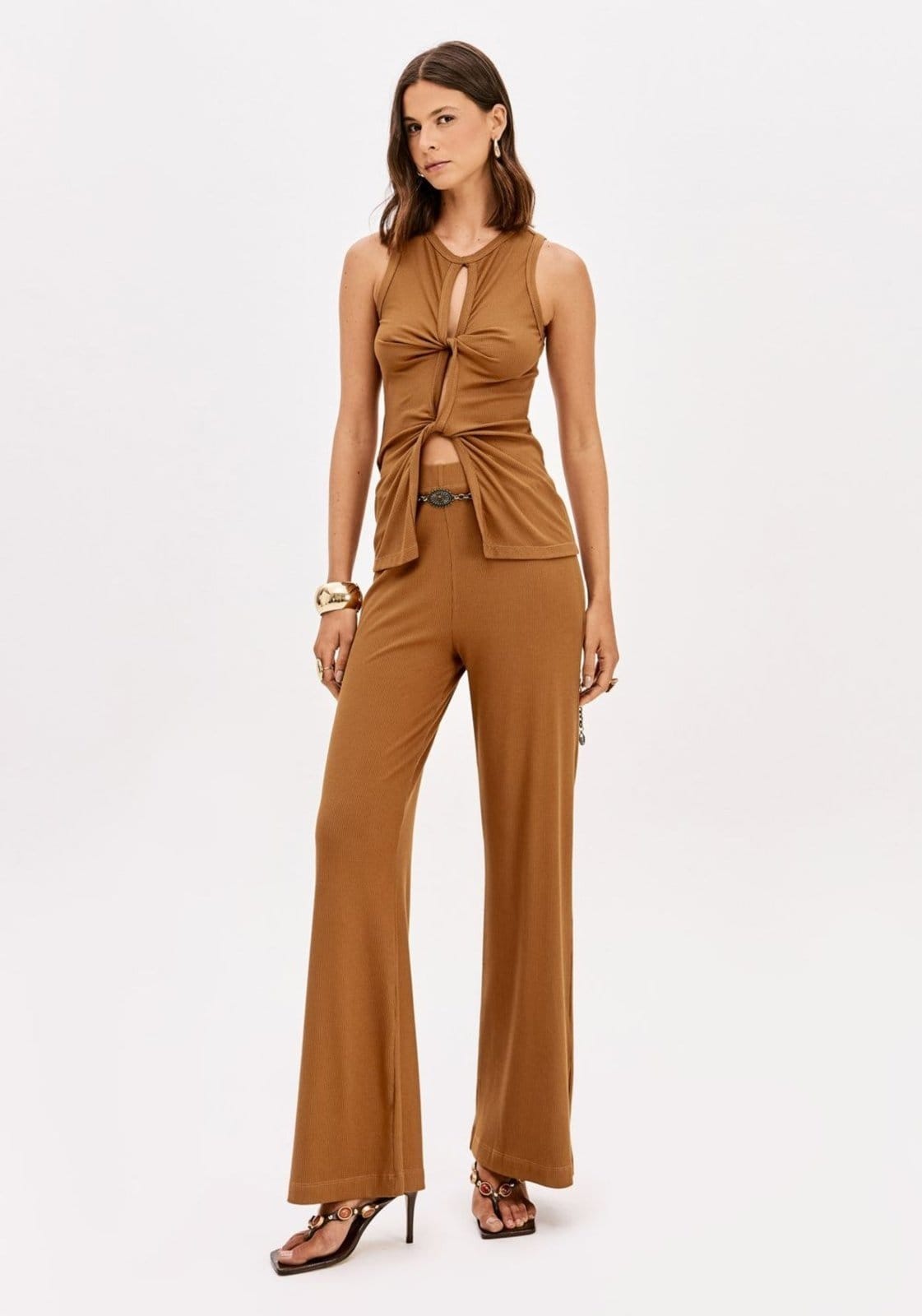 Calça Wide Leg Cintura Alta Canelada