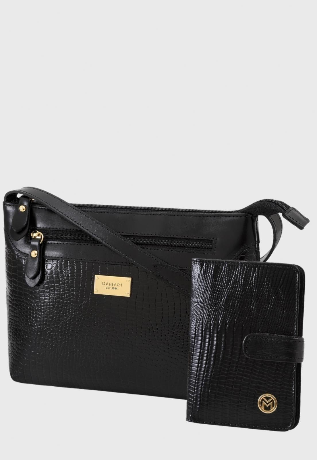 Kit Bolsa e Carteira Couro Mariart 2193MRT + 237MRT Preta