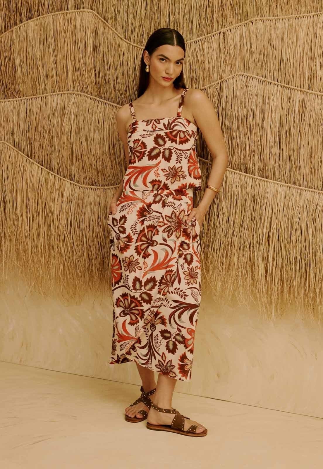 Vista principal Saia Midi com Pregas Estampada Tika CaCay marrom