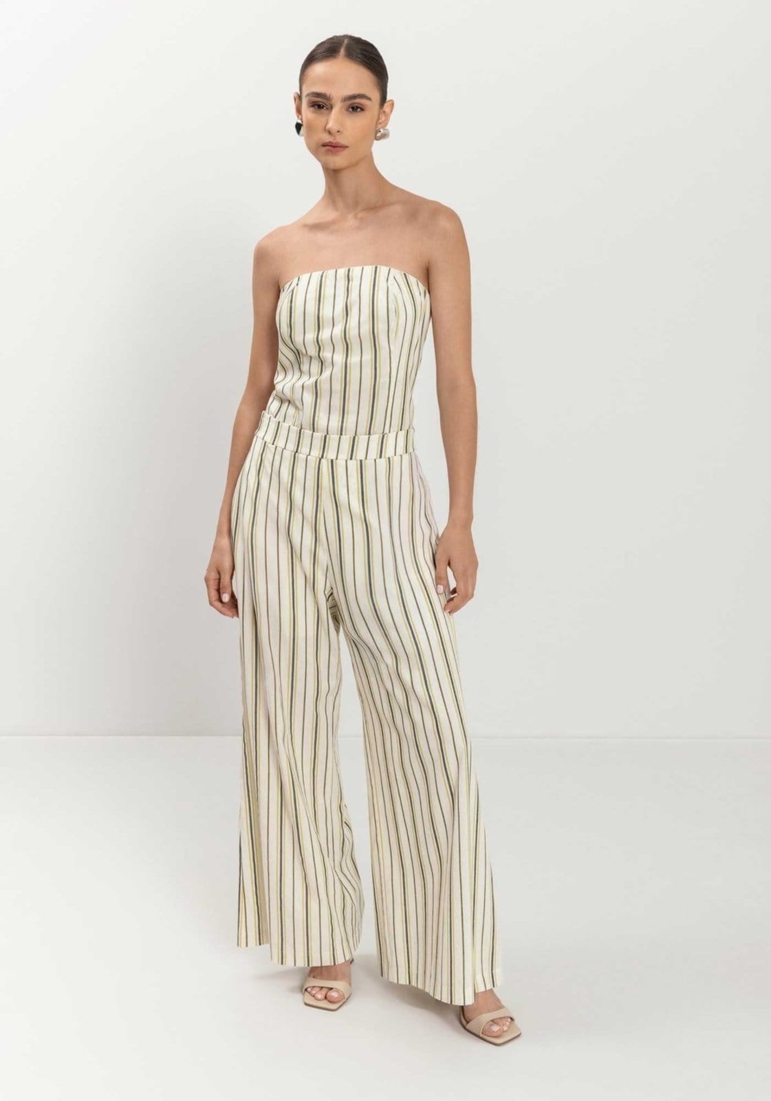 Calça Lez a Lez Pantalona De Cintura Alta Em Linho Leve Listrado