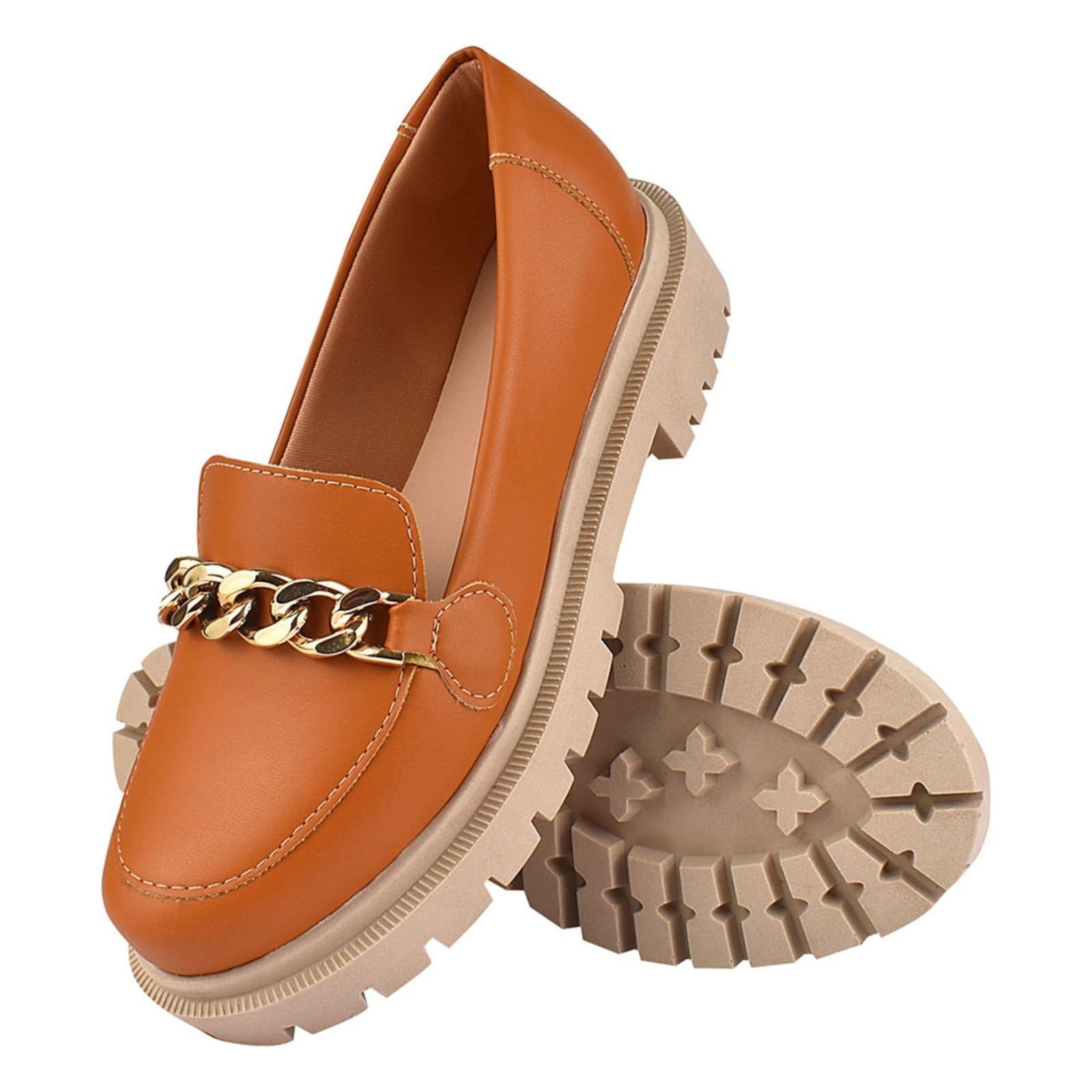 Vista 2 Sapato Feminino Mocassim Tratorado CM Calçados Bico Redondo Confort com corrente Monte Shoes caramelo