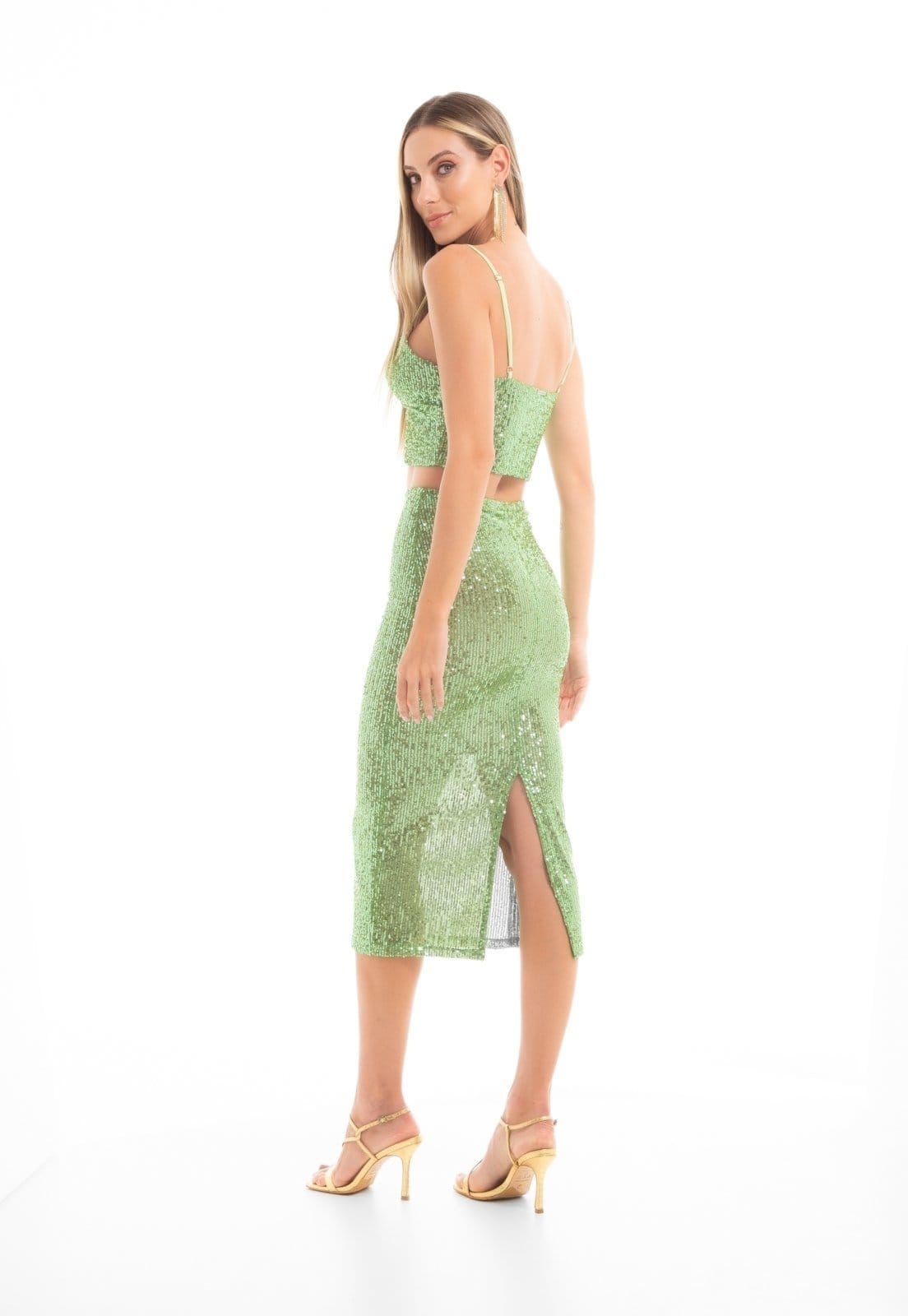 Vista 2 Saia Midi Traymon Paetê Claro Traymon verde