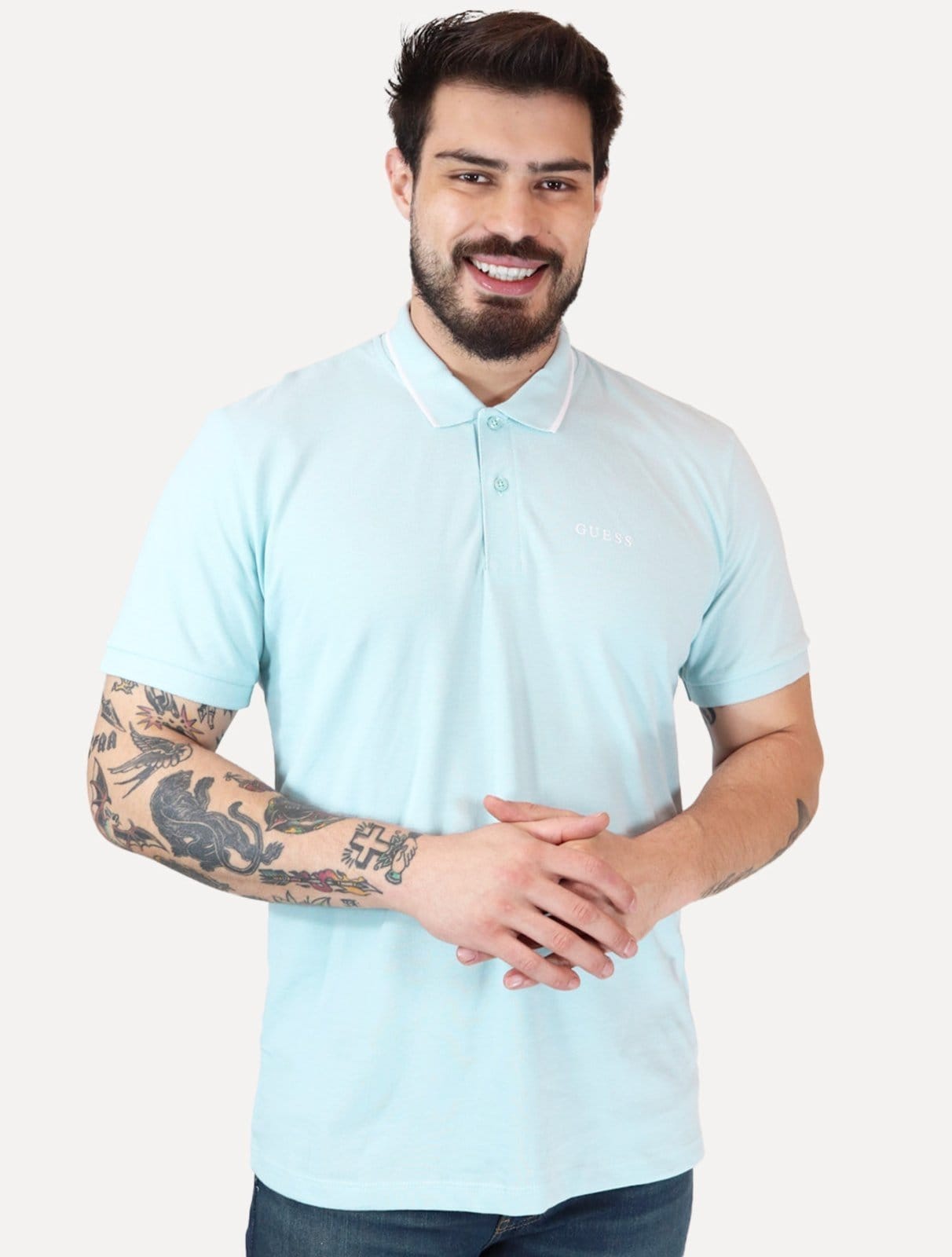 Polo Guess Masculina Piquet Silk Linear Light Friso Claro