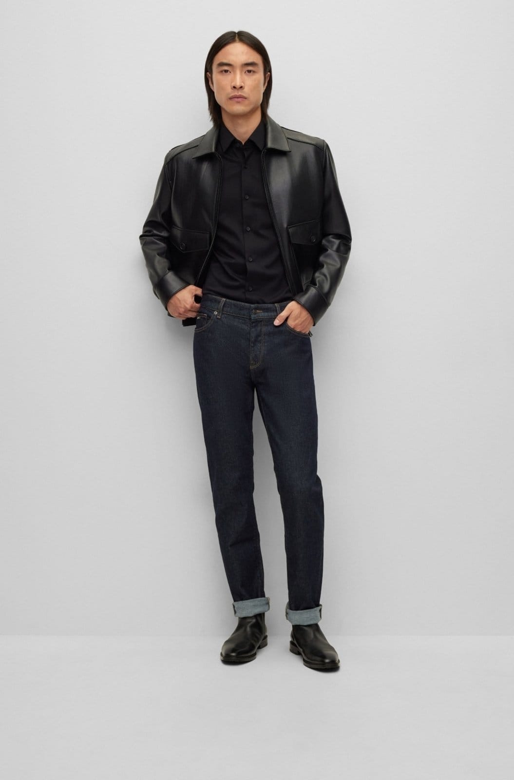 Vista 2 Camisa Slim Fit Em Jersey De Algodão De Performance Misto Com Stretch Boss preto