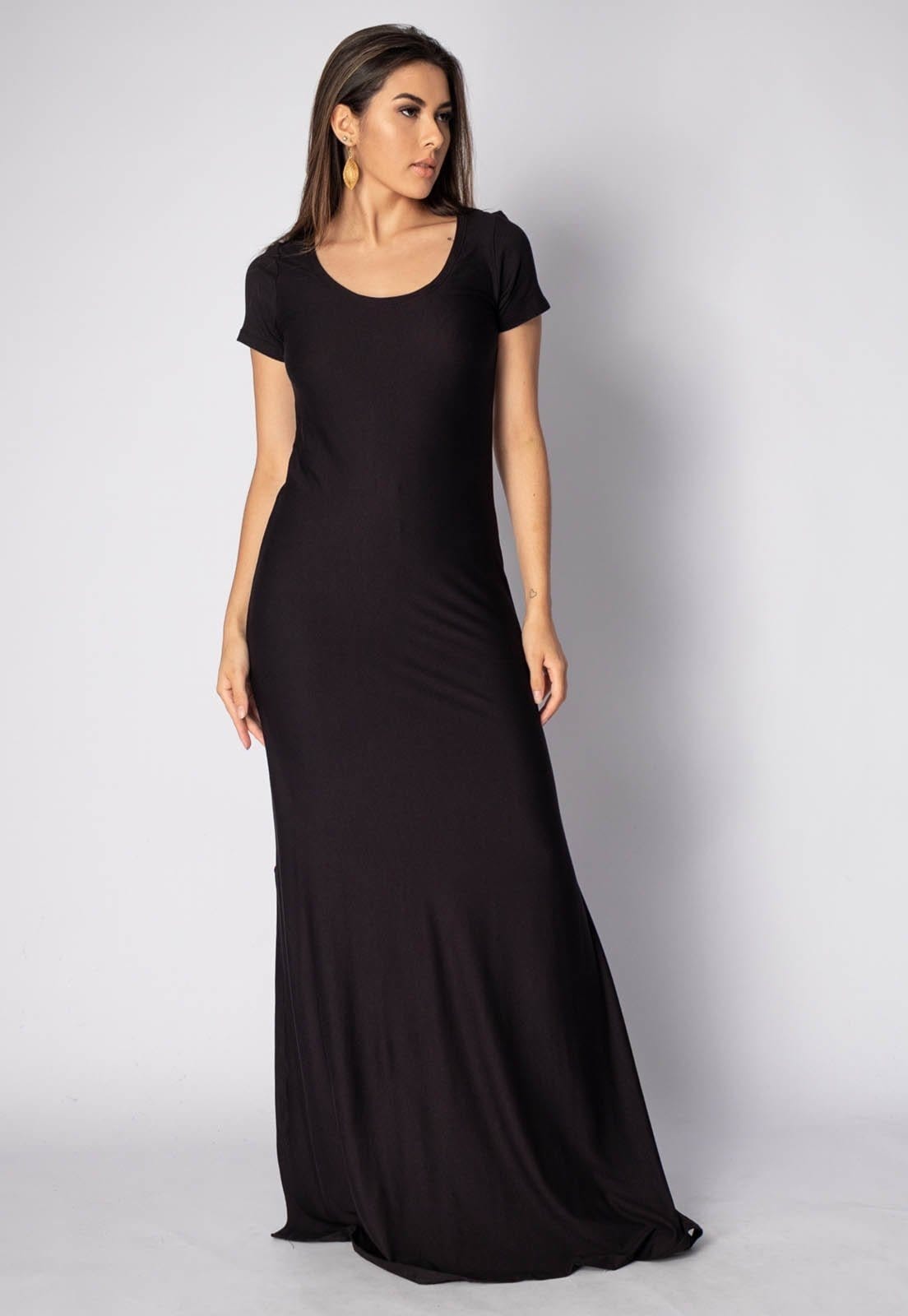 Vestido Longo Amazonia Vital Malha Manga Curta Gola Canoa