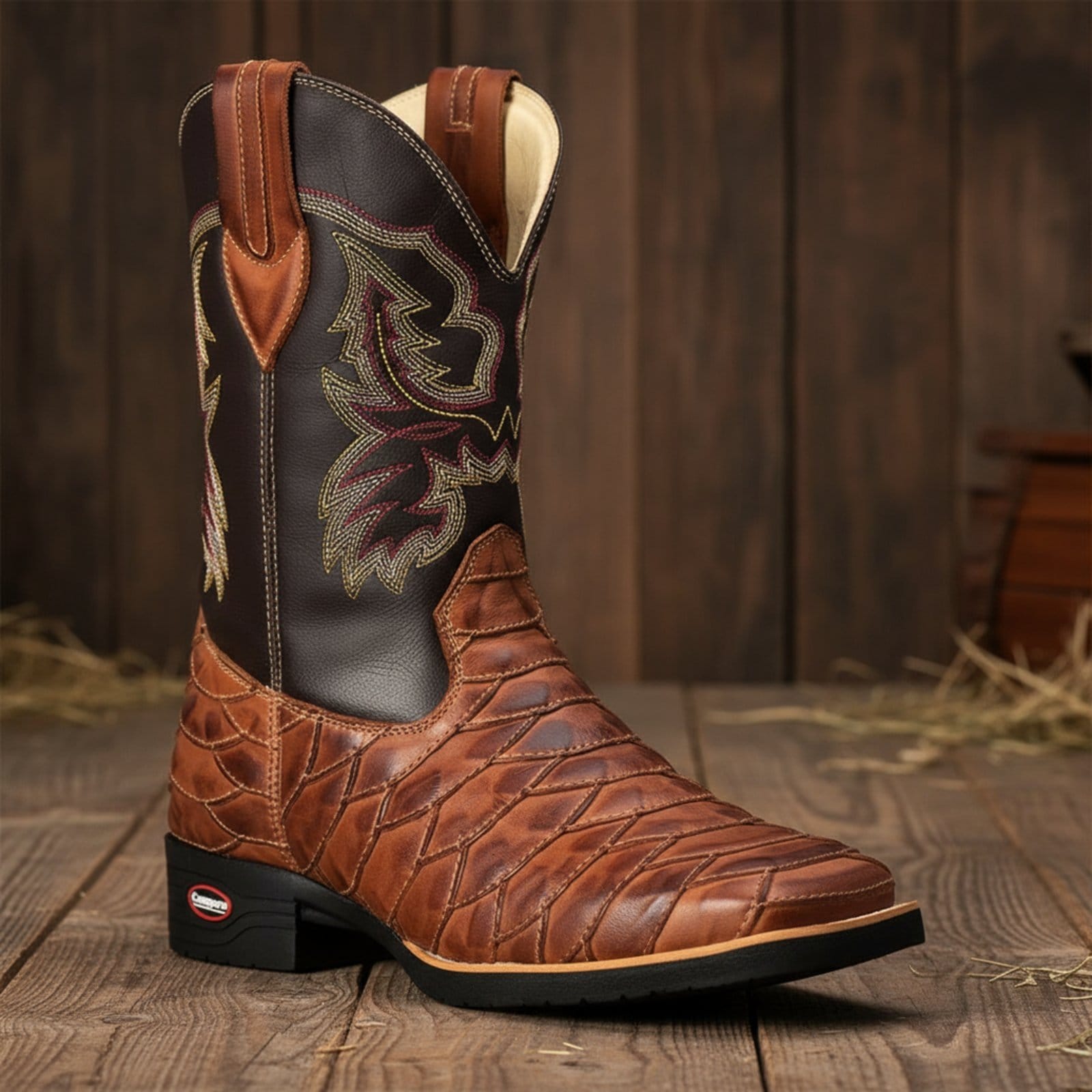 Vista 2 Bota Couro Campero Texana Trançada Artesanal Country Pinhão Campero castanho