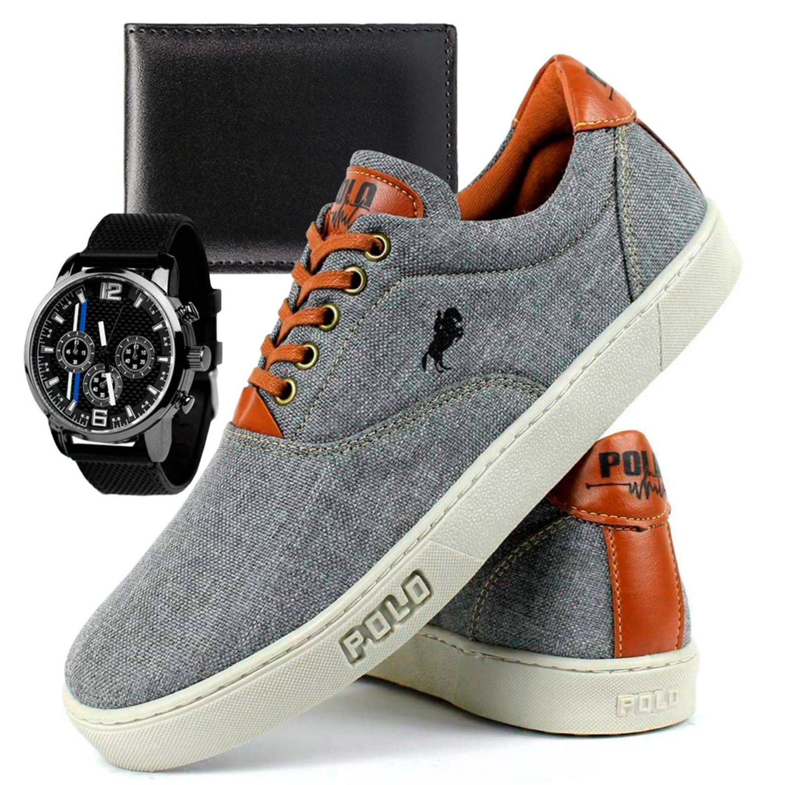 Kit Tenis Polo Cinza Masculino Wit Shoes Sapatenis Casual Relogio E Carteira
