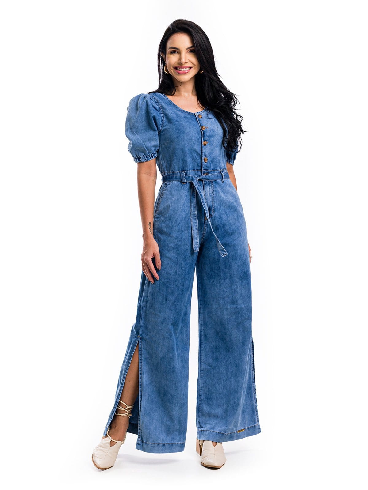 Macacão Pantalona Restrito Jeans Manga Bufante MÉDIO