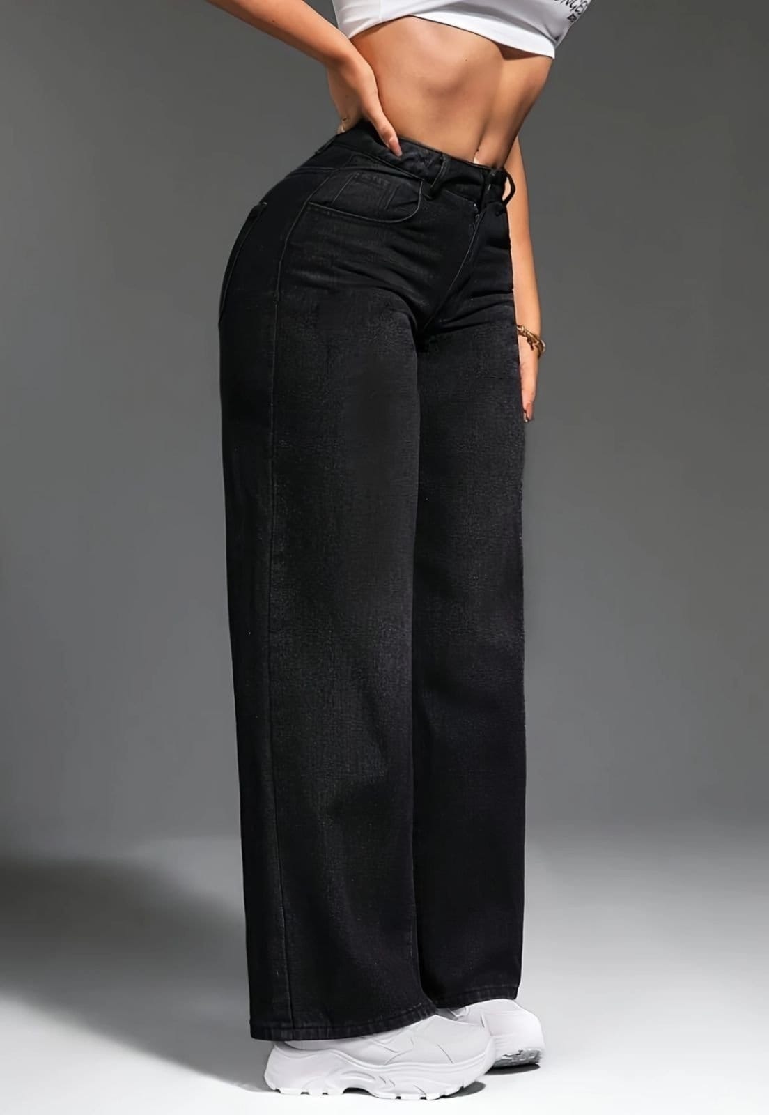 Calça Wide Leg Jeans Feminina Kovali Algodão Confortável Preta