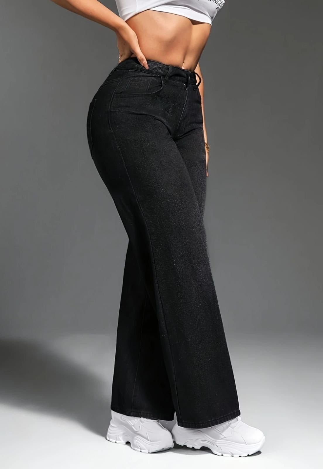 Vista 2 Calça Wide Leg Jeans Feminina Kovali Algodão Confortável Preta KOVALI FASHION STORE preto