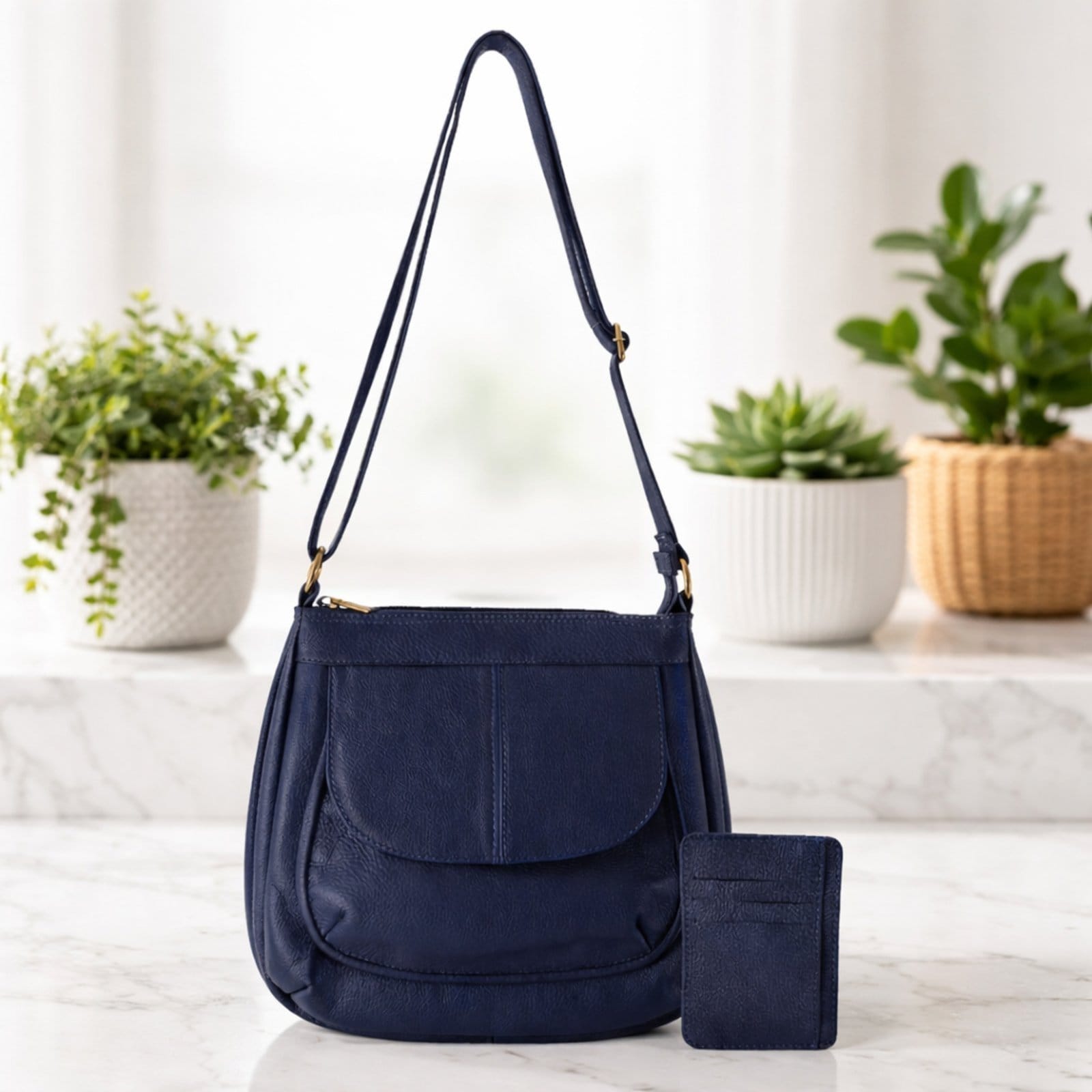 Kit Bolsa e Porta Cartões TopGrife Couro Marinho