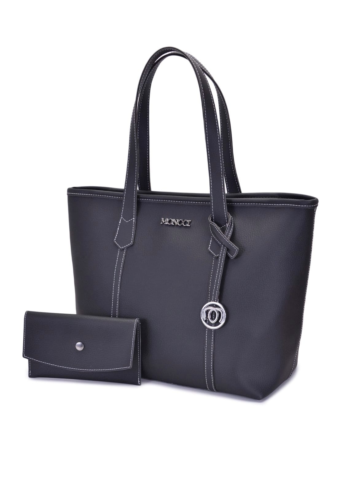 Bolsa de Ombro Grande Moncci Fechamento de zíper Preta com Costura Branca