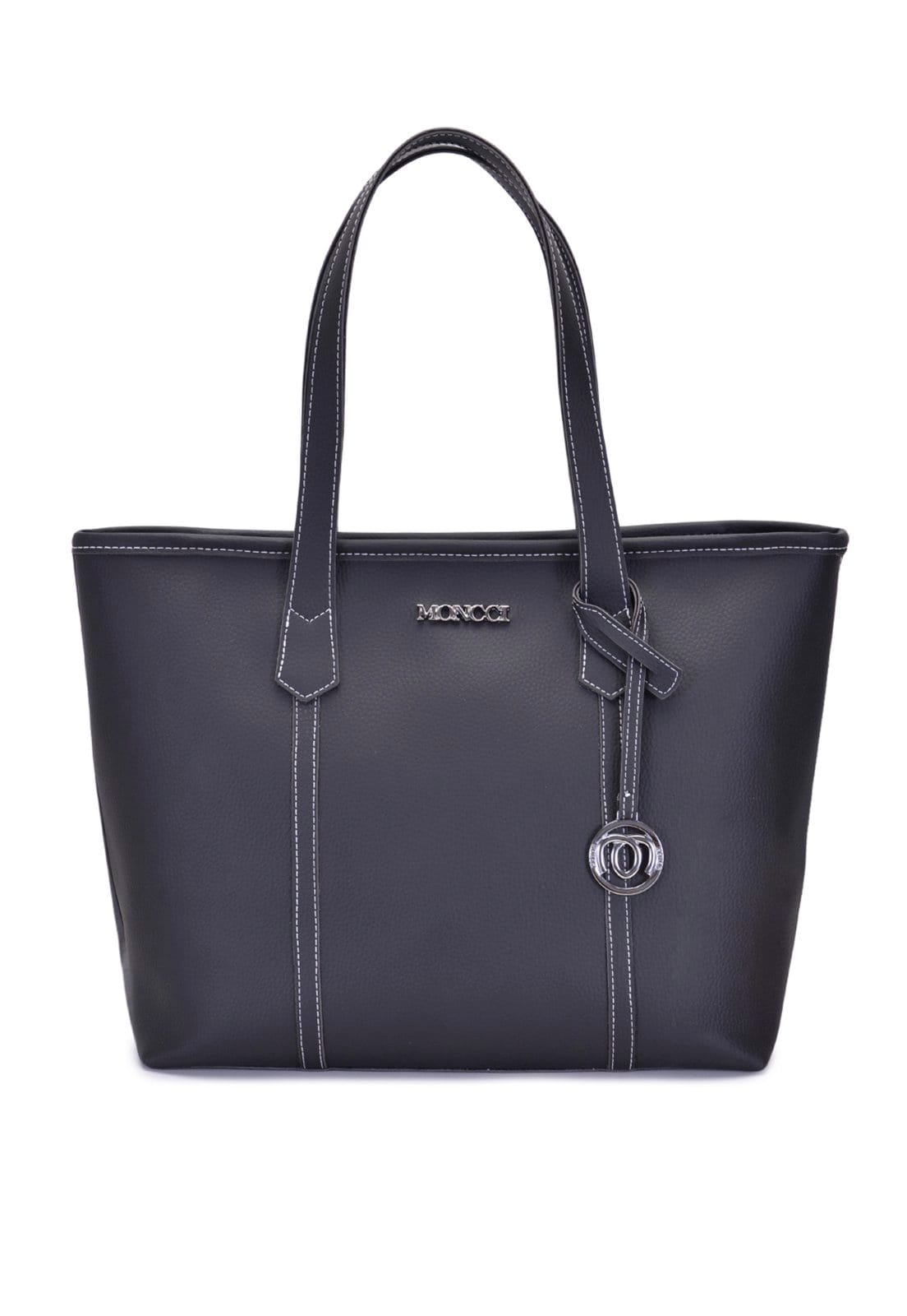 Vista 2 Bolsa de Ombro Grande Moncci Fechamento de zíper Preta com Costura Branca MONCCI preto