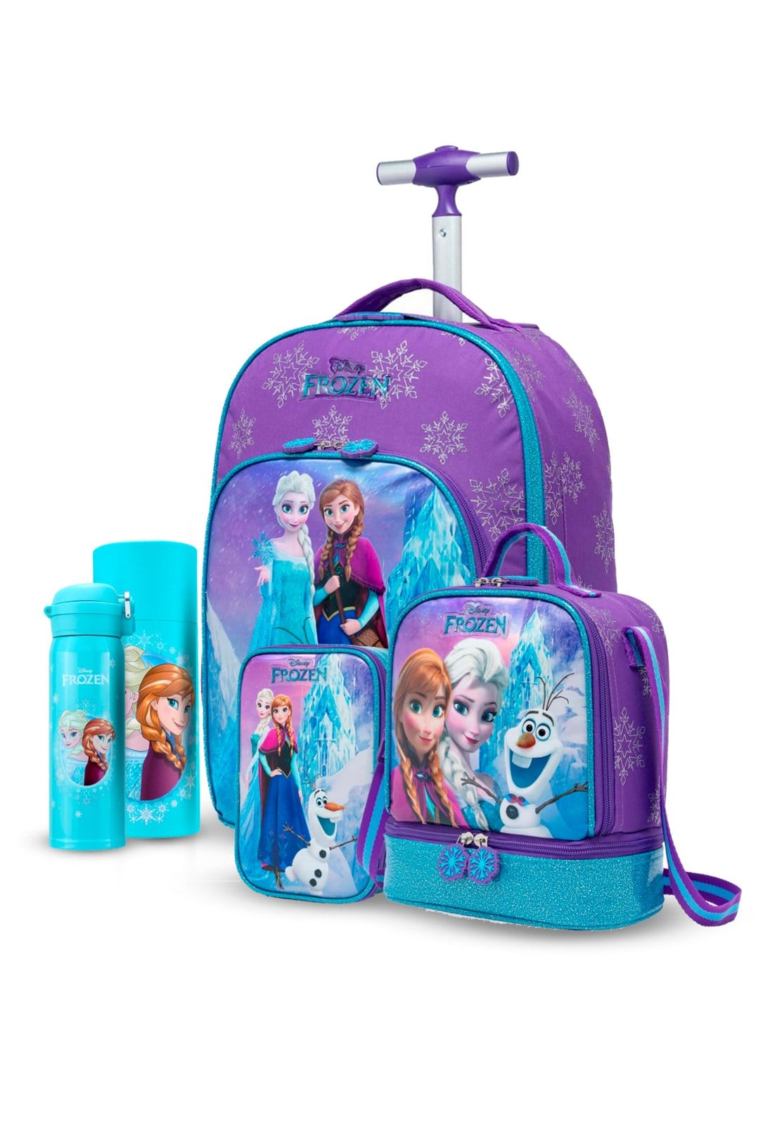 Vista principal Infantil - Kit Mochila Rodinha Lancheira Estojo Escolar Frozen Garrafa Disney azul