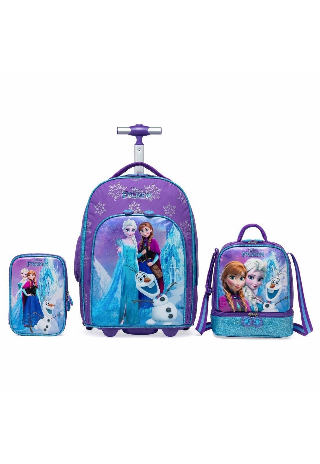 Vista 2 Infantil - Kit Mochila Rodinha Lancheira Estojo Escolar Frozen Garrafa Disney azul