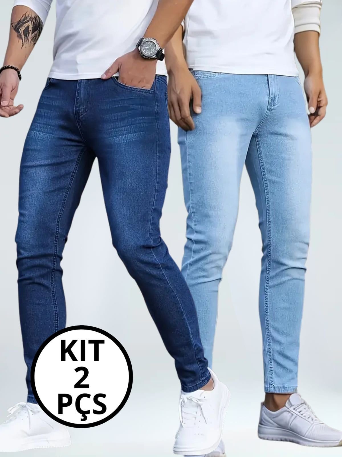 Kit 2 Calças Masculina Skinny Kovali Casual Confortável com Elastano Aul Claro E Escuro