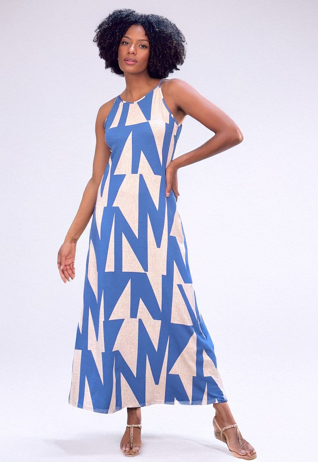 Vestido Longo Amazonia Vital Malha Trapézio Estampa Geométrico Blue