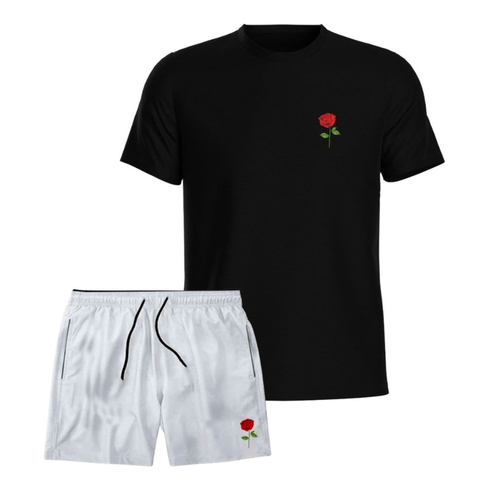 Kit Masculino Camiseta Preta Algodão Short Tactel Relaxado Conjunto Adulto Casual Flor Rosa