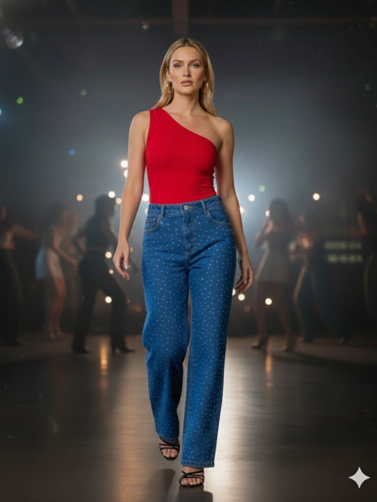 Vista 2 Calça Wide Leg Jeans Com Strass Feminina Cós Alto Pantalona Razon Jeans azul