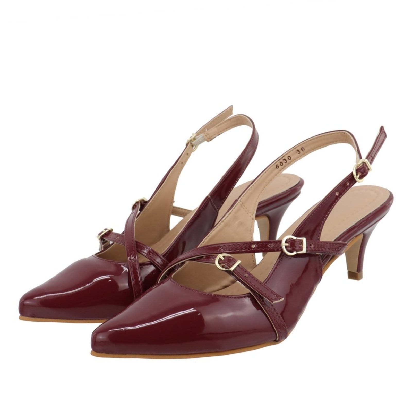 Sapato Scarpin Feminino Salto Baixo Fino Em Verniz Marsala 6030