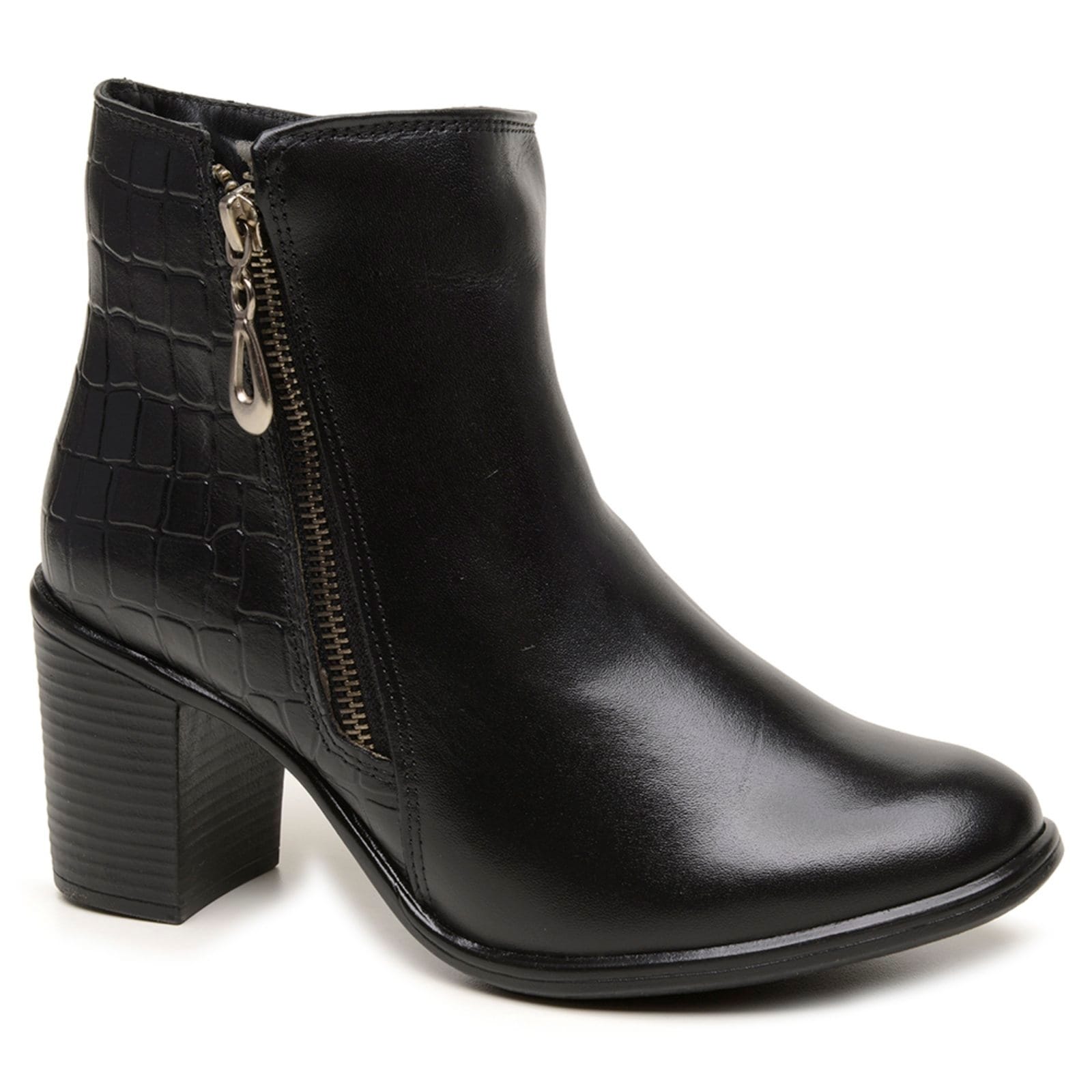 Bota Feminina Salto Bloco Couro Legítimo Textura Croco Zíper Estilo Moderno