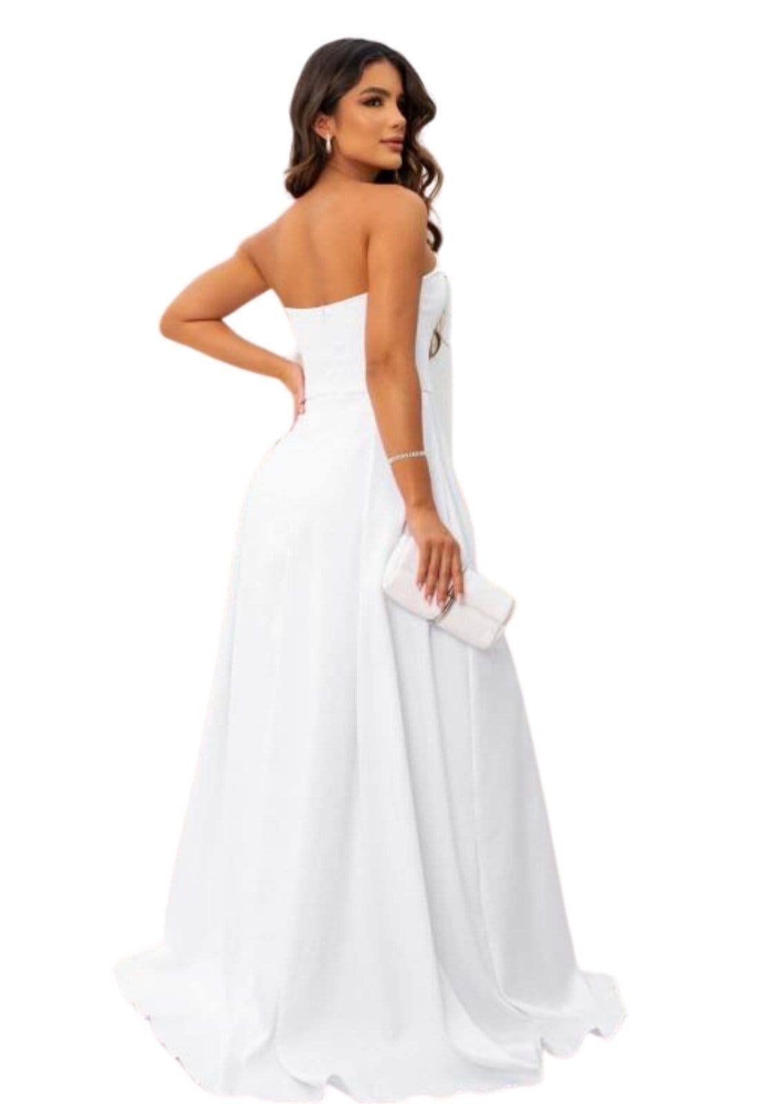 Vista 2 Vestido Longo de Festa Casamento Civil Noivados e Reveillon Tomara que Caia Corselete com Fenda Gabriela Cia do Vestido branco