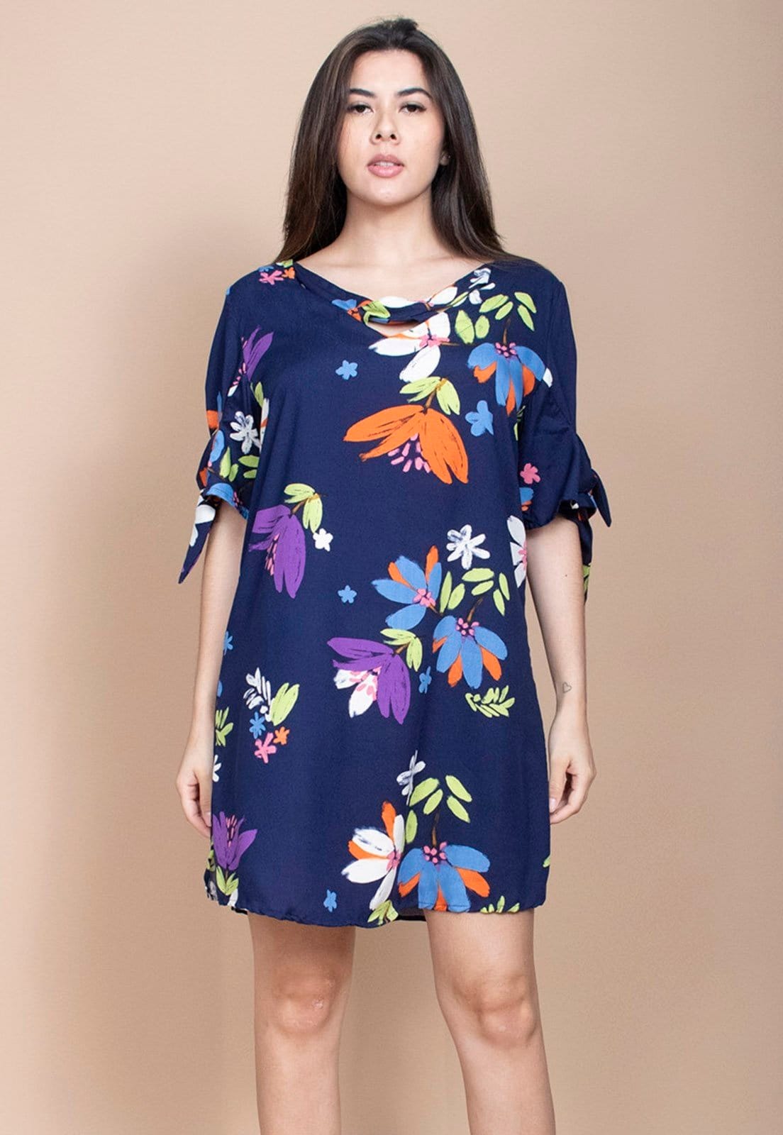 Vista 2 Vestido Curto Cabanafree Plano Estampa Festas das Flores Azul Cabanafree estampado/laranja/roxo/verde azul