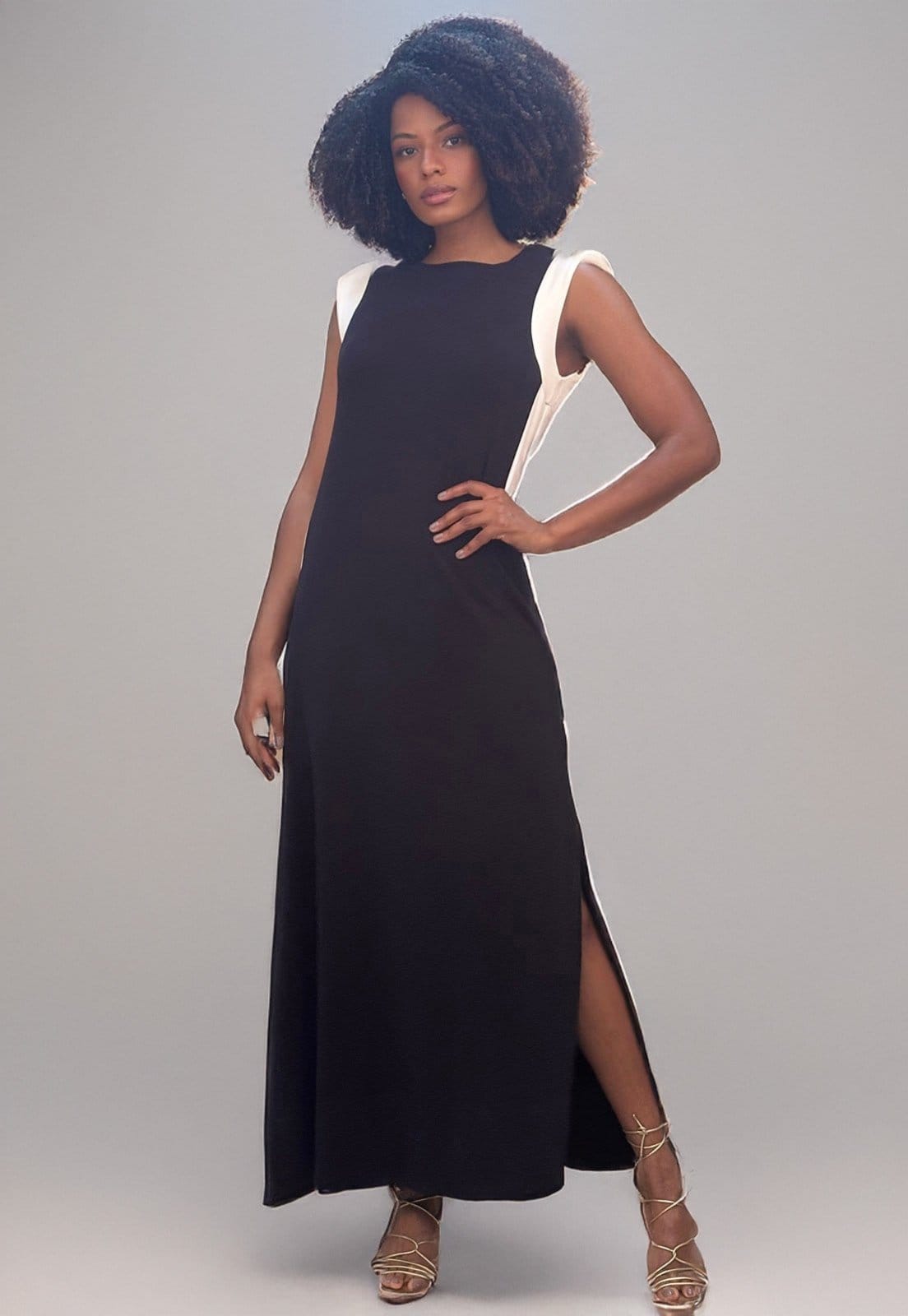 Vestido Longo Amazonia Vital Malha Preto com Detalhes Branco Black White