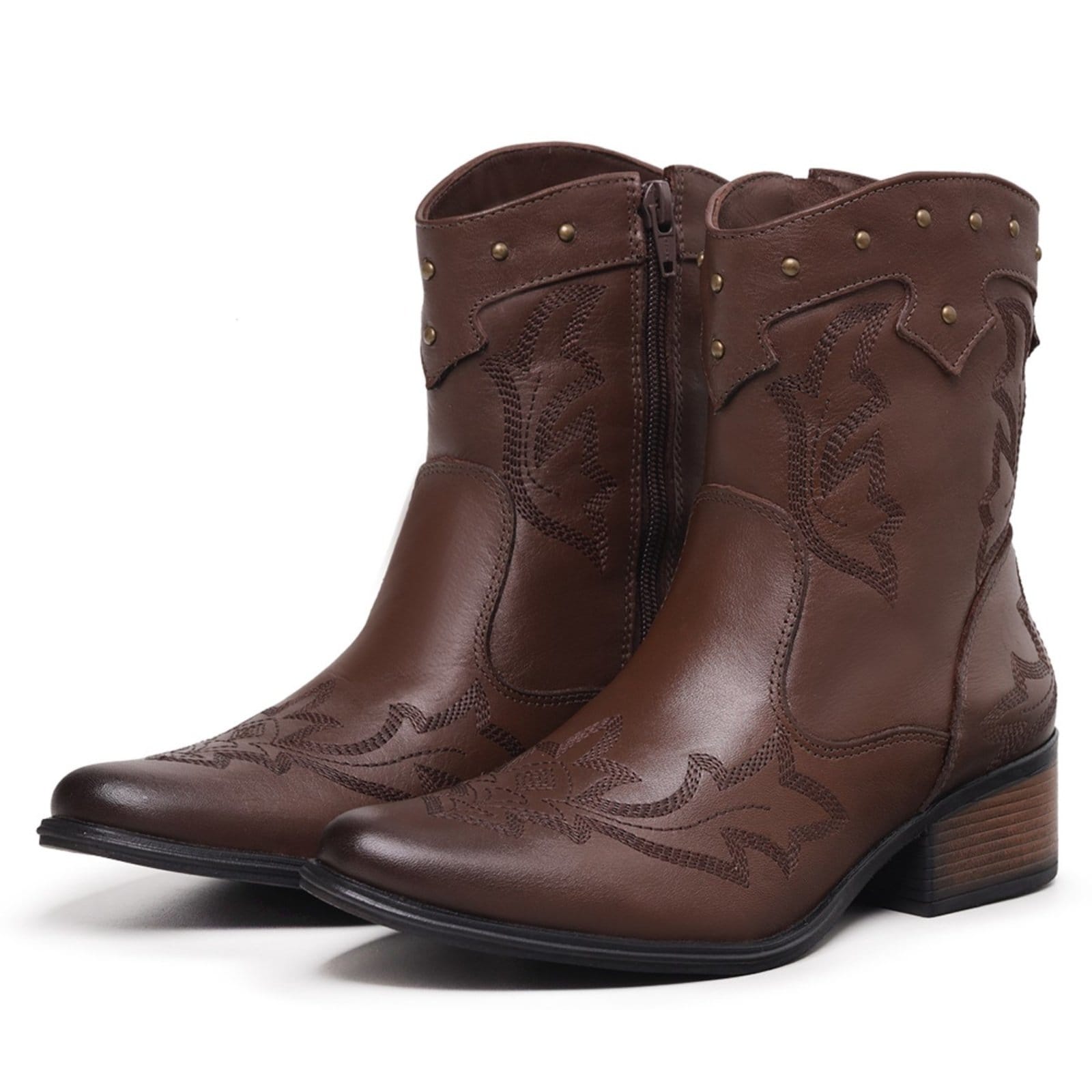 Bota Country Feminina Luxo Cano Médio De Couro Salto Baixo Mod.11001