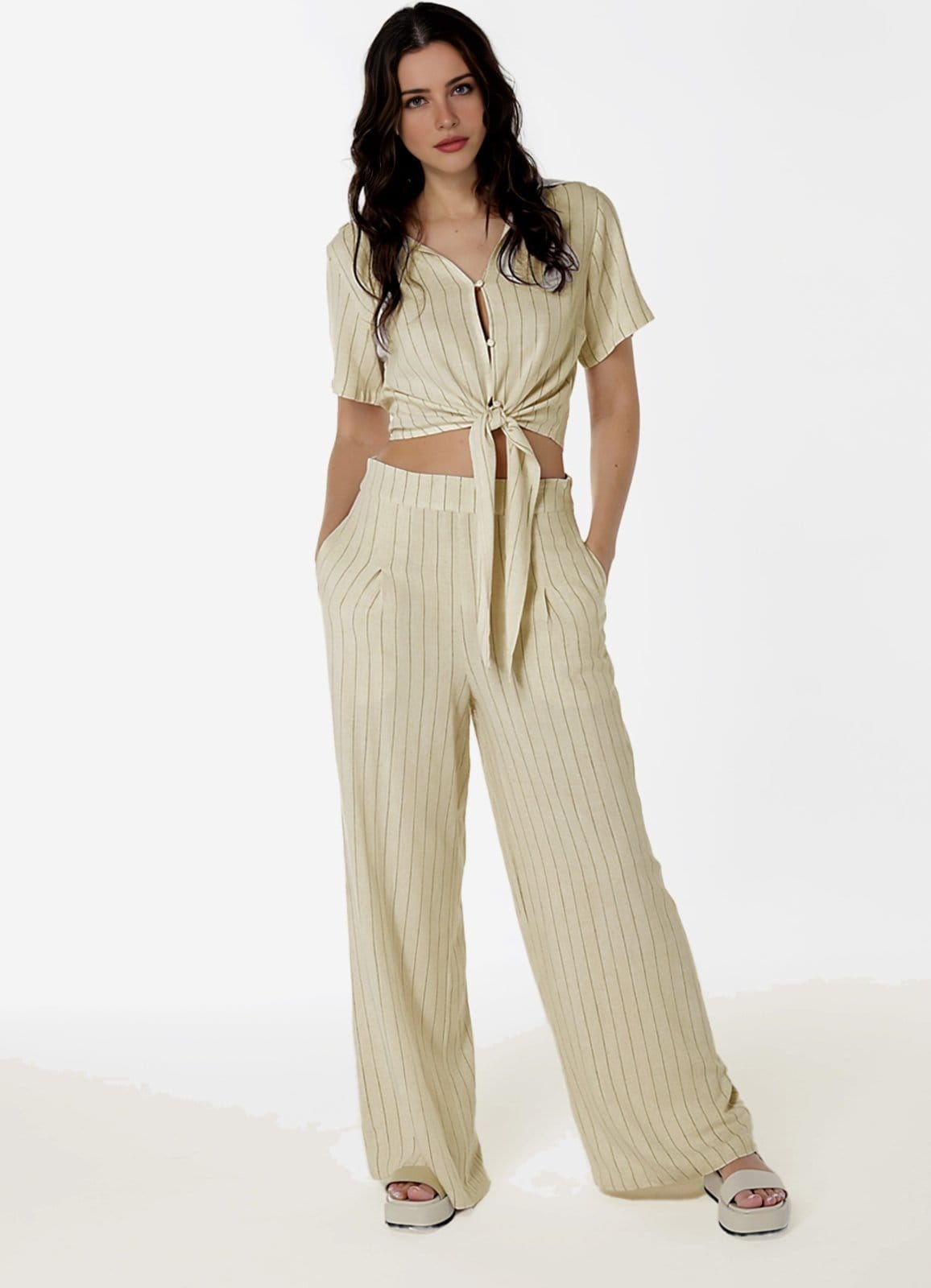 Vista 2 Calça Pantalona de Linho Risca de Giz com Bolsos SOB bege