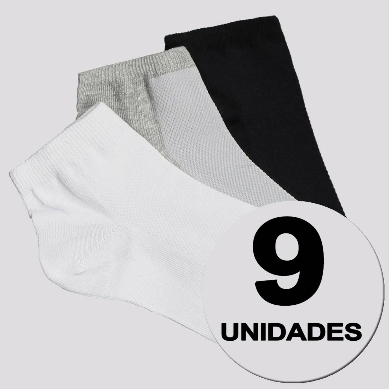 Kit Meia Selene Cano Curto Feminino 9 Pares Branca Cinza e Preta
