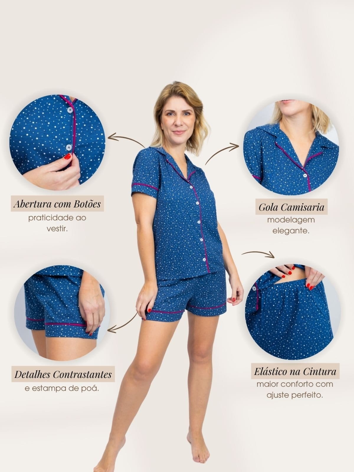Vista 2 Pijama Piante Algodão Feminino Americano Curto Poá Marinho Piante azul