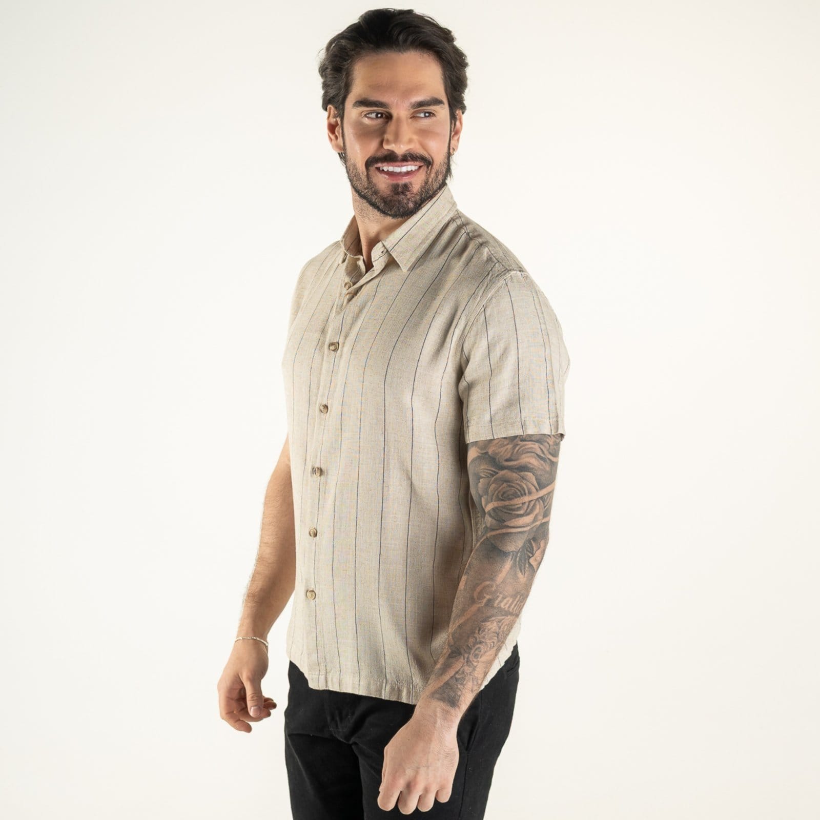 Vista 2 Camisa Versatiold Resort Manga Curta Linho VERSATIOLD bege