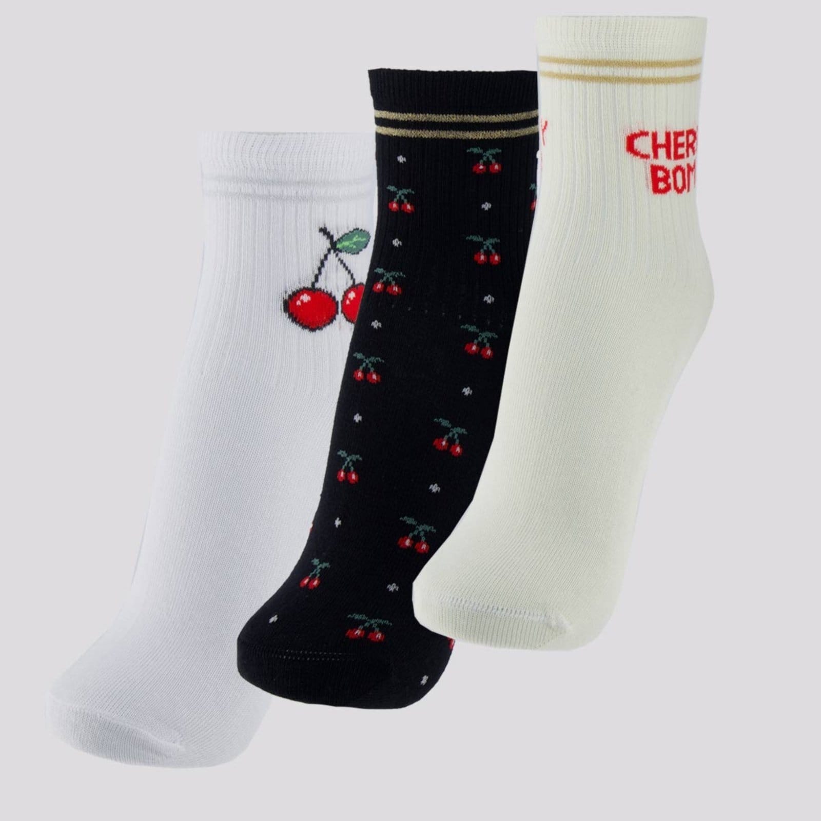 Kit Meia Selene 3 Pares Soquete Feminina Marfim Preta e Branca