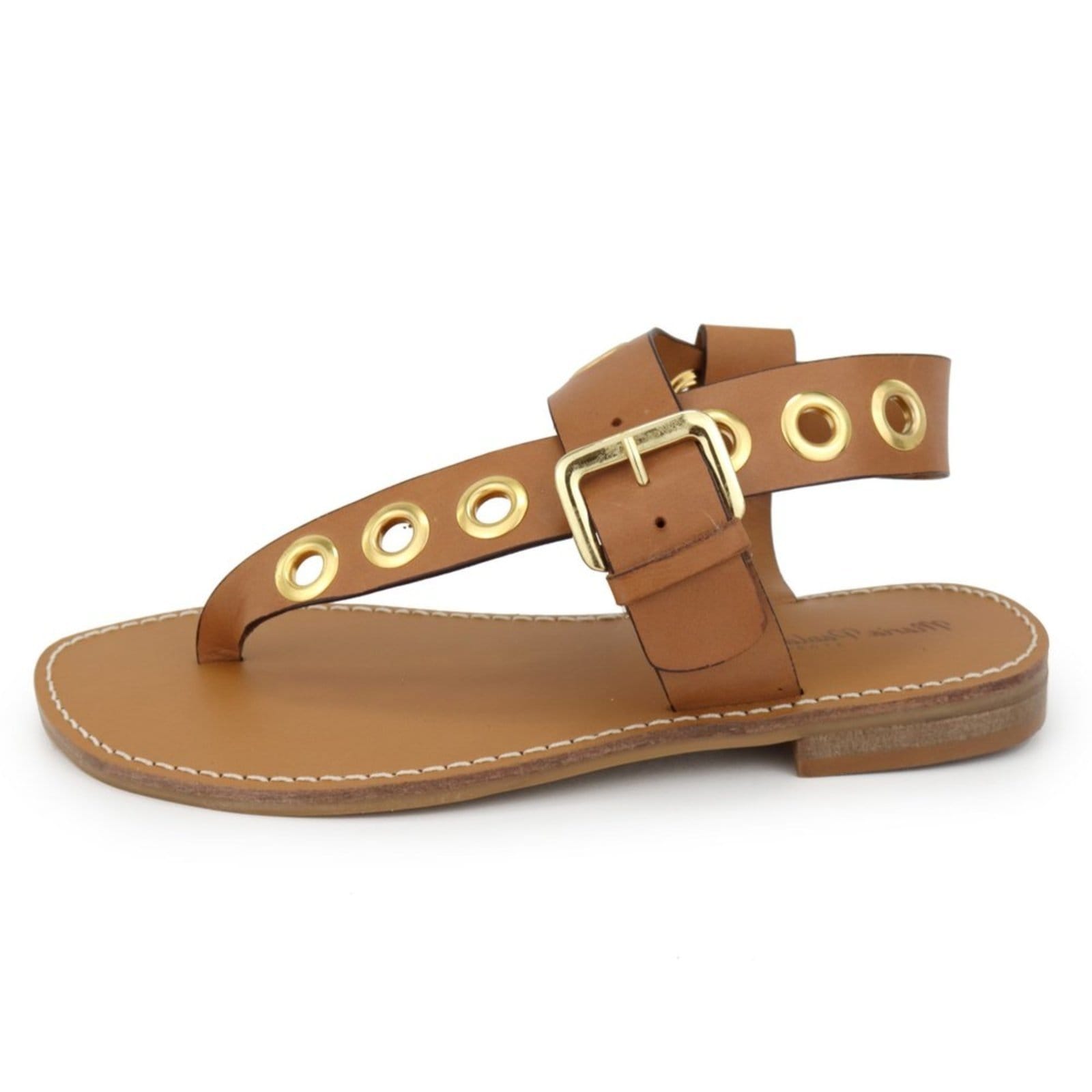 Sandália Rasteira Feminina em Couro Ilhós Maria Paula Camel