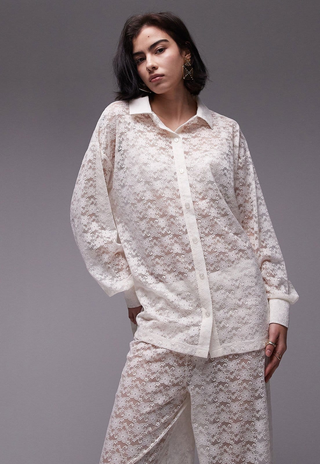 Vista 2 Camisa Renda TOPSHOP Reta Vazada Off-White Topshop off-white white